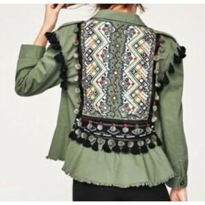 Boho Military Zara Olive Green Embroidered Artsy Jacket Pom Poms Tassels Size M